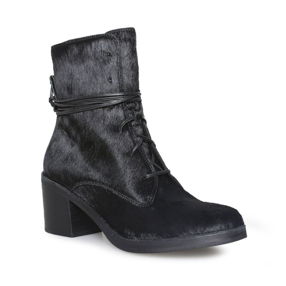 UGG Oriana Exotic Black Cow Hair Lace-Up Ankle Boots Size 7 Womens Chic Design